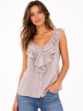 EUC Vintage TCEC Size Small Women's Gray Ruffle Top